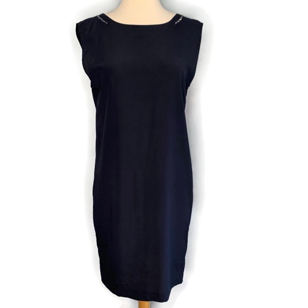 Maje Dark Navy Blue Plunging V-Neck Back Rhinestones Trim Shift Cocktail Dress 3